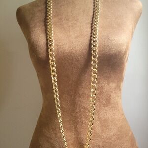 Gold Curb Link Chain Necklace 42 Inch Long Statement Jewelry Mob Wife